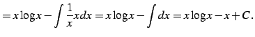 $\displaystyle = x\log x-\int\frac{1}{x}x\,dx= x\log x-\int dx= x\log x-x+C\,.$