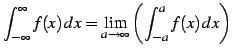 $\displaystyle \int_{-\infty}^{\infty} f(x)\,dx= \lim_{a\to\infty} \left(\int_{-a}^{a}f(x)\,dx\right)$