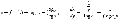 $\displaystyle x=f^{-1}(y)=\log_{a}y= \frac{\log y}{\log a}\,,\qquad \frac{dx}{dy}=\frac{\quad\displaystyle{\frac{1}{y}}\quad}{\log a}= \frac{1}{(\log a)y}$