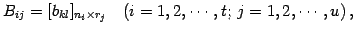 $\displaystyle B_{ij}=[b_{kl}]_{n_{i}\times r_{j}}\quad (i=1,2,\cdots,t;\,j=1,2,\cdots,u)\,,$