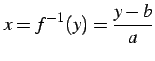 $\displaystyle x=f^{-1}(y)=\frac{y-b}{a}$