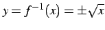 $\displaystyle y=f^{-1}(x)=\pm\sqrt{x}$