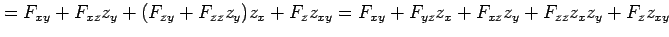 $\displaystyle = F_{xy}+F_{xz}z_y+(F_{zy}+F_{zz}z_y)z_x+F_zz_{xy} = F_{xy}+F_{yz}z_x+F_{xz}z_y+F_{zz}z_xz_y+F_zz_{xy}$