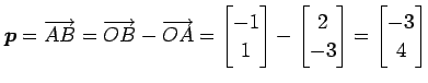 $\displaystyle \vec{p}=\overrightarrow{AB}= \overrightarrow{OB}-\overrightarrow{...
...x}- \begin{bmatrix}2 \\ -3 \end{bmatrix} = \begin{bmatrix}-3 \\ 4 \end{bmatrix}$