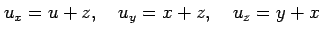 $\displaystyle u_x=u+z, \quad u_y=x+z, \quad u_z=y+x$