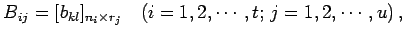 $\displaystyle B_{ij}=[b_{kl}]_{n_{i}\times r_{j}}\quad (i=1,2,\cdots,t;\,j=1,2,\cdots,u)\,,$