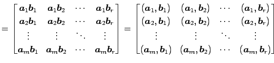 $\displaystyle = \begin{bmatrix}\vec{a}_{1}\vec{b}_{1} & \vec{a}_{1}\vec{b}_{2} ...
... & (\vec{a}_{m},\vec{b}_{2}) & \cdots & (\vec{a}_{m},\vec{b}_{r}) \end{bmatrix}$