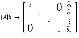 $\displaystyle [A\vert\vec{b}] \to \left[ \begin{array}{cccc\vert c} 1 & & &\sma...
...& & \vdots \\ \smash{\text{\huge$0$}}&& & 1 & \tilde{b}_{m} \end{array} \right]$