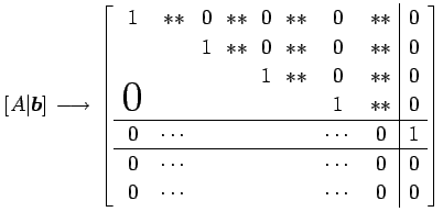 $\displaystyle [A\vert\vec{b}] \overset{\text{}}{\longrightarrow} \left[\b...
... & & &&& \cdots & 0 & 0 \\ 0 & \cdots & & &&& \cdots & 0 & 0 \end{array}\right]$