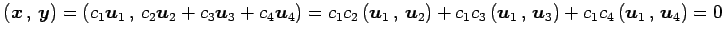 $\displaystyle \left({\vec{x}}\,,\,{\vec{y}}\right)= \left({c_1\vec{u}_{1}}\,,\,...
...\,,\,{\vec{u}_3}\right)+ c_1c_{4}\left({\vec{u}_{1}}\,,\,{\vec{u}_{4}}\right)=0$