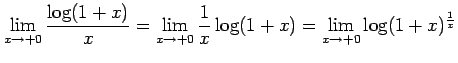 $\displaystyle \lim_{x\to+0} \frac{\log(1+x)}{x}= \lim_{x\to+0} \frac{1}{x}\log(1+x) = \lim_{x\to+0} \log(1+x)^{\frac{1}{x}}$