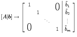 $\displaystyle [A\vert\vec{b}] \to \left[ \begin{array}{cccc\vert c} 1 & & &\sma...
...& & \vdots \\ \smash{\text{\huge$0$}}&& & 1 & \tilde{b}_{m} \end{array} \right]$