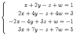 $ \left\{\begin{array}{r}
x+2y-z+w=1 \\
2x+4y-z+4w=3 \\
-2x-4y+3z+w=-1 \\
3x+7y-z+7w=5
\end{array}\right. $