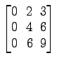 $ \begin{bmatrix}
0\! & \!2\! & \!3 \\ [-0.5ex] 0\! & \!4\! & \!6 \\ [-0.5ex] 0\! &
6\! & \!9
\end{bmatrix}$