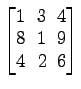 $ \begin{bmatrix}
1\! & \!3\! & \!4 \\ [-0.5ex] 8\! & \!1\! & \!9 \\ [-0.5ex] 4\! &
2\! & \!6
\end{bmatrix}$