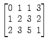 $ \begin{bmatrix}
0\! & \!1\! & \!1\! & \!3 \\ [-0.5ex] 1\! & \!2\! & \!3\! & \!2
\\ [-0.5ex] 2\! & \!3\! & \!5\! & \!1
\end{bmatrix}$