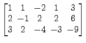 $ \begin{bmatrix}
1\! & \!1\! & \!-2\! & \!1\! & \!3 \\ [-0.5ex] 2\! & \!-1\! & ...
...!
& \!2\! & \!6 \\ [-0.5ex] 3\! & \!2\! & \!-4\! & \!-3\! & \!-9
\end{bmatrix}$