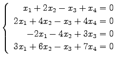 $ \left\{\begin{array}{r}
x_1+2x_2-x_3+x_4=0 \\
2x_1+4x_2-x_3+4x_4=0 \\
-2x_1-4x_2+3x_3=0 \\
3x_1+6x_2-x_3+7x_4=0
\end{array}\right. $