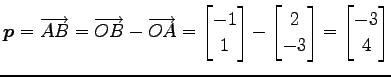 $\displaystyle \vec{p}=\overrightarrow{AB}= \overrightarrow{OB}-\overrightarrow{...
...x}- \begin{bmatrix}2 \\ -3 \end{bmatrix} = \begin{bmatrix}-3 \\ 4 \end{bmatrix}$