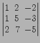 $ \begin{vmatrix}
1\! & \!2\! & \!-2 \\ [-0.5ex] 1\! & \!5\! & \!-3 \\ [-0.5ex] 2\! &
7\! & \!-5
\end{vmatrix}$