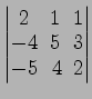 $ \begin{vmatrix}
2\! & \!1\! & \!1 \\ [-0.5ex] -4\! & \!5\! & \!3 \\ [-0.5ex] -5\! &
4\! & \!2
\end{vmatrix}$