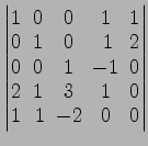 $ \begin{vmatrix}
1\! & \!0\! & \!0\! & \!1\! & \!1 \\ [-0.5ex] 0\! & \!1\! & \!...
...\!3\! & \!1\! & \!0 \\ [-0.5ex] 1\! &
1\! & \!-2\! & \!0\! & \!0
\end{vmatrix}$