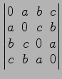 $ \begin{vmatrix}
0\! & \!a\! & \!b\! & \!c \\ [-0.5ex] a\! & \!0\! & \!c\! & \!...
...ex] b\! &
c\! & \!0\! & \!a \\ [-0.5ex] c\! & \!b\! & \!a\! & \!0
\end{vmatrix}$