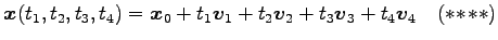 $\displaystyle \vec{x}(t_1,t_2,t_3,t_4)= \vec{x}_0+t_1\vec{v}_1+t_2\vec{v}_2+t_3\vec{v}_3+t_4\vec{v}_4 \quad(*\!*\!**)$