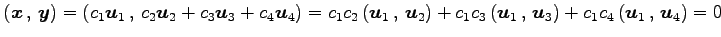 $\displaystyle \left({\vec{x}}\,,\,{\vec{y}}\right)= \left({c_1\vec{u}_{1}}\,,\,...
...\,,\,{\vec{u}_3}\right)+ c_1c_{4}\left({\vec{u}_{1}}\,,\,{\vec{u}_{4}}\right)=0$