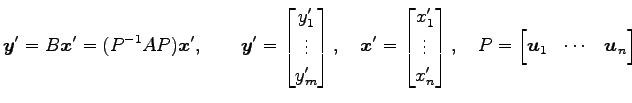 $\displaystyle \vec{y}'= B\vec{x}'= (P^{-1}AP)\vec{x}', \qquad \vec{y}'= \begin{...
...{bmatrix}, \quad P= \begin{bmatrix}\vec{u}_1 & \cdots & \vec{u}_n \end{bmatrix}$