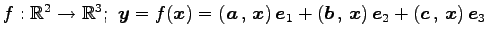 $ f:\mathbb{R}^{2}\to\mathbb{R}^{3};\,\,
\vec{y}=f(\vec{x})=
\left({\vec{a}}\,,\...
...,\,{\vec{x}}\right)\vec{e}_{2}+
\left({\vec{c}}\,,\,{\vec{x}}\right)\vec{e}_{3}$
