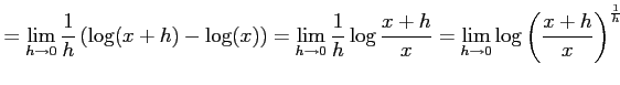 $\displaystyle = \lim_{h\to0}\frac{1}{h}\left(\log(x+h)-\log(x)\right) = \lim_{h...
...{h}\log\frac{x+h}{x} = \lim_{h\to0}\log\left(\frac{x+h}{x}\right)^{\frac{1}{h}}$