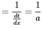 $\displaystyle =\frac{1}{\frac{dt}{dx}}=\frac{1}{a}$