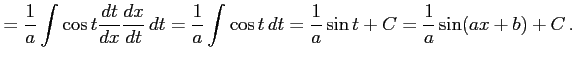 $\displaystyle = \frac{1}{a}\int\cos t\frac{dt}{dx}\frac{dx}{dt}\,dt= \frac{1}{a}\int\cos t\,dt= \frac{1}{a}\sin t+C= \frac{1}{a}\sin(ax+b)+C\,.$