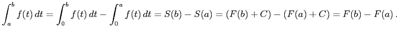 $\displaystyle \int_{a}^{b}f(t)\,dt= \int_{0}^{b}f(t)\,dt- \int_{0}^{a}f(t)\,dt= S(b)-S(a)= (F(b)+C)-(F(a)+C)=F(b)-F(a)\,.$