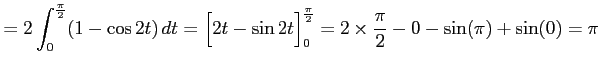 $\displaystyle = 2\int_{0}^{\frac{\pi}{2}}(1-\cos 2t)\,dt= \Big[2t-\sin 2t\Big]_{0}^{\frac{\pi}{2}}= 2\times\frac{\pi}{2}-0-\sin(\pi)+\sin(0)=\pi$