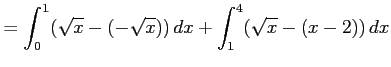 $\displaystyle = \int_{0}^{1}(\sqrt{x}-(-\sqrt{x}))\,dx+ \int_{1}^{4}(\sqrt{x}-(x-2))\,dx$