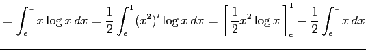 $\displaystyle = \int_{\epsilon}^{1}x\log x\,dx= \frac{1}{2}\int_{\epsilon}^{1}(...
...ac{1}{2}x^2\log x}\,\right]_{\epsilon}^{1}- \frac{1}{2}\int_{\epsilon}^{1}x\,dx$