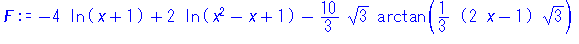 -4*ln(x+1)+2*ln(x^2-x+1)-10/3*3^(1/2)*arctan(1/3*(2*x-1)*3^(1/2))