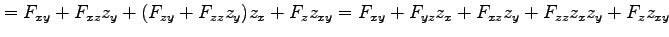 $\displaystyle = F_{xy}+F_{xz}z_y+(F_{zy}+F_{zz}z_y)z_x+F_zz_{xy} = F_{xy}+F_{yz}z_x+F_{xz}z_y+F_{zz}z_xz_y+F_zz_{xy}$