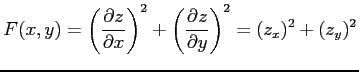 $\displaystyle F(x,y)= \left(\frac{\partial z}{\partial x}\right)^2+ \left(\frac{\partial z}{\partial y}\right)^2 = (z_x)^2+(z_y)^2$