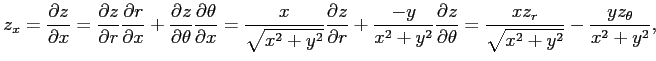 $\displaystyle z_x= \frac{\partial z}{\partial x}= \frac{\partial z}{\partial r}...
...l z}{\partial \theta} = \frac{xz_r}{\sqrt{x^2+y^2}}- \frac{yz_\theta}{x^2+y^2},$