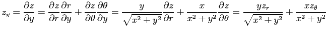 $\displaystyle z_y= \frac{\partial z}{\partial y}= \frac{\partial z}{\partial r}...
...al z}{\partial \theta} = \frac{yz_r}{\sqrt{x^2+y^2}}+ \frac{xz_\theta}{x^2+y^2}$