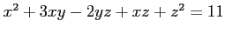 $ x^2+3xy-2yz+xz+z^2=11$