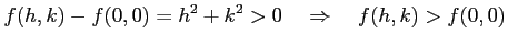 $\displaystyle f(h,k)-f(0,0)=h^2+k^2>0 \quad\Rightarrow\quad f(h,k)>f(0,0)$