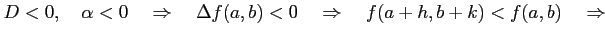 $\displaystyle D<0,\quad \alpha<0 \quad\Rightarrow\quad \Delta f(a,b)<0 \quad\Rightarrow\quad f(a+h,b+k)<f(a,b) \quad\Rightarrow$