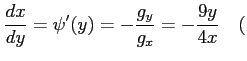 $\displaystyle \frac{dx}{dy}=\psi'(y)=-\frac{g_y}{g_x}=-\frac{9y}{4x} \quad($