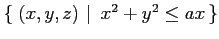 $ \left\{\left.\,{(x,y,z)}\,\,\right\vert\,\,{x^2+y^2\leq ax}\,\right\}$