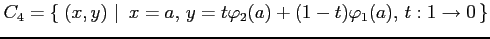 $\displaystyle C_4=\left\{\left.\,{(x,y)}\,\,\right\vert\,\,{x=a,\,y=t\varphi_2(a)+(1-t)\varphi_1(a),\,t:1\to0}\,\right\}$