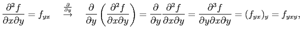 $\displaystyle \frac{\partial^2 f}{\partial x\partial y}=f_{yx} \quad \overset{\...
...ial y}= \frac{\partial^3f}{\partial y\partial x\partial y}= (f_{yx})_y=f_{yxy},$